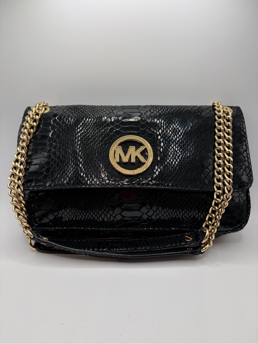 Michael Kors Fulton Small Flap Shoulder Bag - Black Python-Emossed Leather
